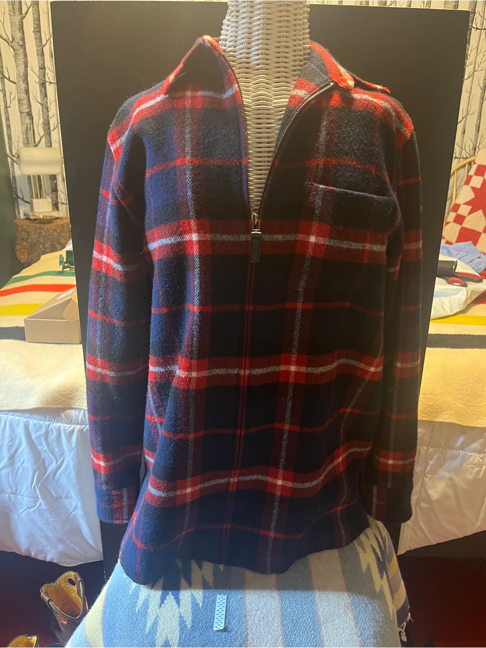Ralph Lauren Navy and Red Plaid Zip-Up Sweater Jacket